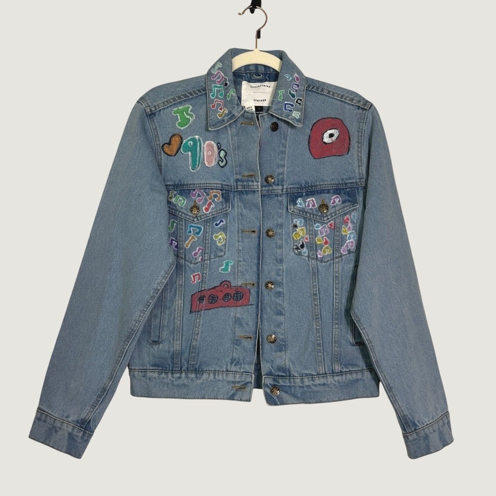 Understated Leather Denim Jacket Cotton Womens Med Blue 90s Hand Painted Custom - Picture 1 of 8